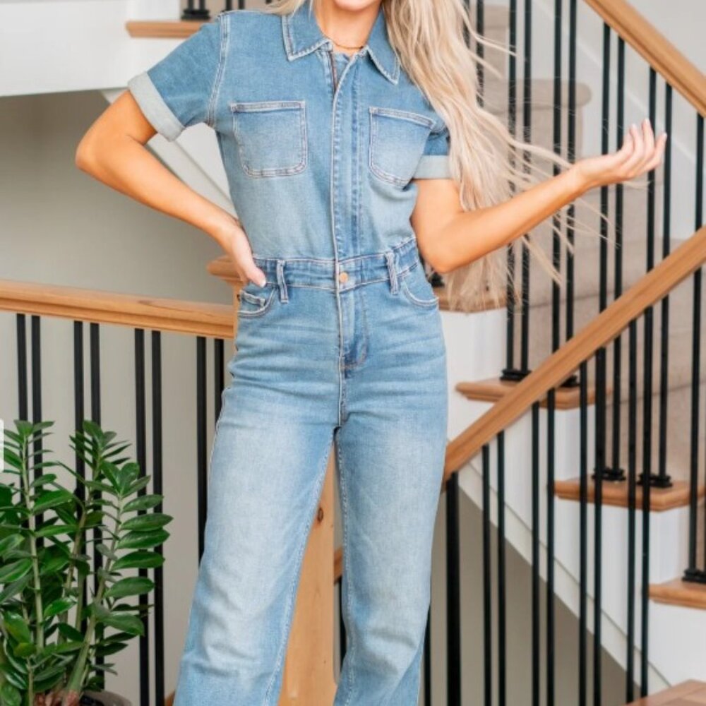 JUDY BLUE Denim Worker Girl Straight Leg Coverall Jumpsuit